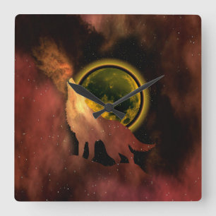 WOLF HOWLING IN SPACE MOON GALAXY  SQUARE WALL CLOCK