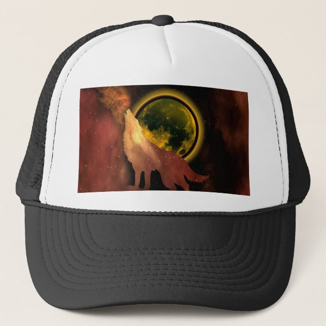 WOLF HOWLING IN SPACE MOON GALAXY  TRUCKER HAT (Front)