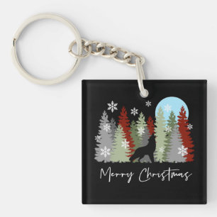 Wolf Howling In The Forest Merry Christmas Trees  Key Ring