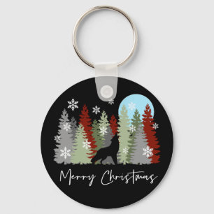 Wolf Howling In The Forest Merry Christmas Trees  Key Ring