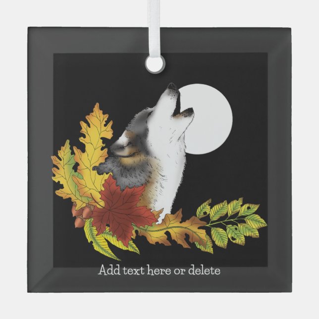 Wolf Howling Moon Glass Tree Decoration (Front)