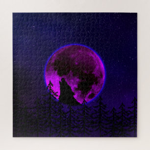 WOLF HOWLING MOON MAGENTA JIGSAW PUZZLE