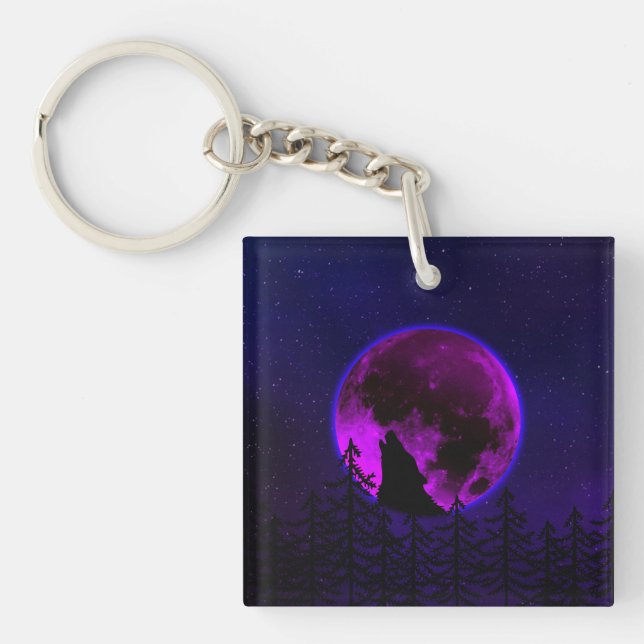 WOLF HOWLING MOON MAGENTA   KEY RING (Front)