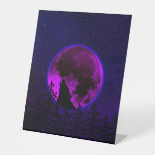 WOLF HOWLING MOON MAGENTA PEDESTAL SIGN