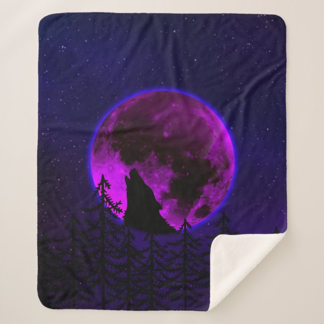 WOLF HOWLING MOON MAGENTA   SHERPA BLANKET (Front)