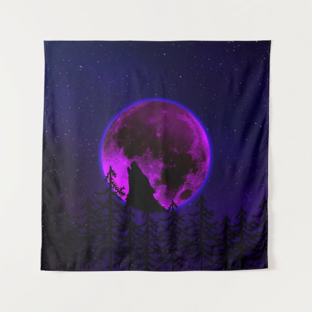 WOLF HOWLING MOON MAGENTA   TAPESTRY (Front)