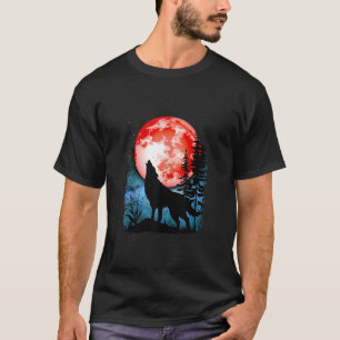Wolf Howling Red Blood Moon Galaxy Star Night Luna T-Shirt