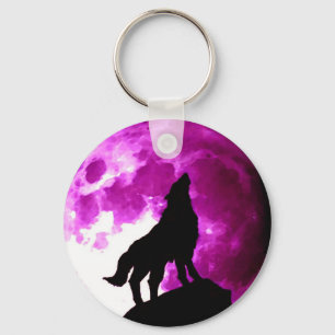 Wolf Howling Silhouette at Moon Key Ring