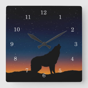 Wolf Howling Silhouette at Sunset Wall Clock