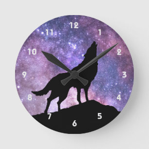 Wolf Howling Silhouette Night Sky and Stars Round Clock