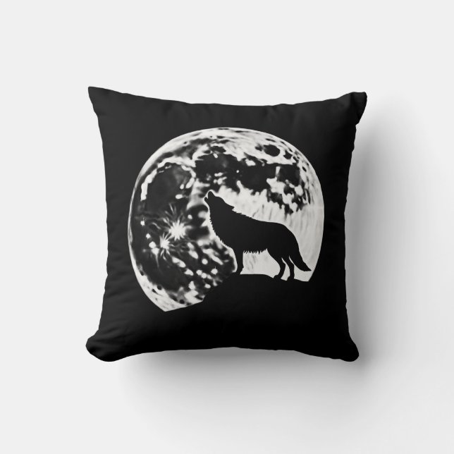 Wolf Howling Silhouetted Against a Full Moon Cushion (Front)