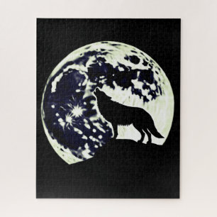 Wolf Howling Silhouetted Against a Full Moon Jigsaw Puzzle