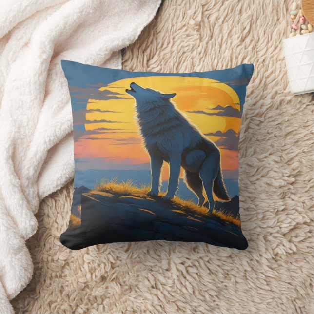 Wolf Howling Under A Dusk Sunset in Mountains Cushion (Blanket)