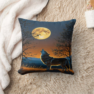 Wolf Howling Under a Full Moon at Dusk Cushion