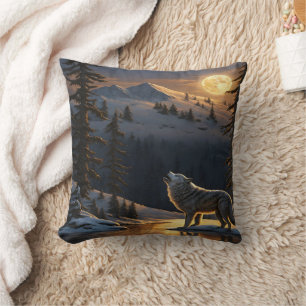 Wolf Howling Under a Full Moon in Winter Landscape Cushion