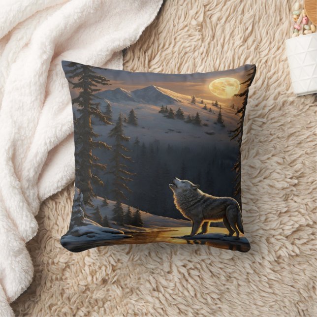 Wolf Howling Under a Full Moon in Winter Landscape Cushion (Blanket)
