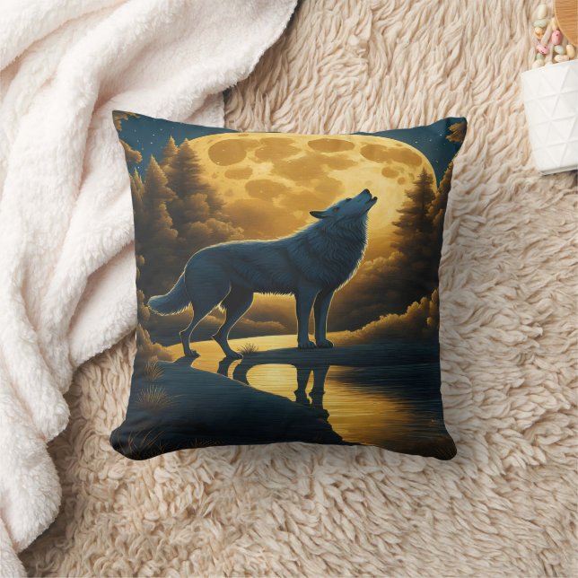 Wolf Howling Under A Glowing Full Moon Cushion (Blanket)
