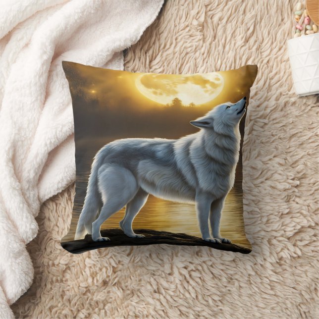 Wolf Howling Under Full Moon by Serene Lake Cushion (Blanket)