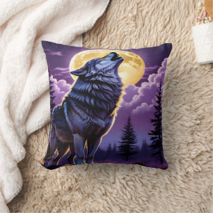 Wolf Howling Under Full Moon. Cushion