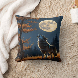 Wolf Howling Under Full Moon in Autumn Forest Cushion