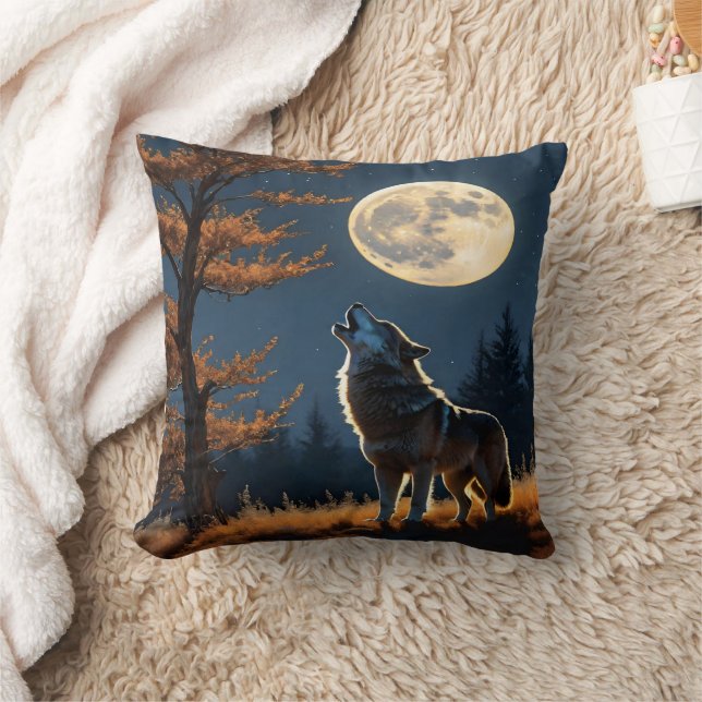 Wolf Howling Under Full Moon in Autumn Forest Cushion (Blanket)