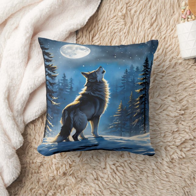 Wolf Howling Under Full Moon in Snowy Forest Cushion (Blanket)