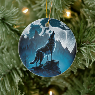 Wolf Howling Under Full Moon Ornament 
