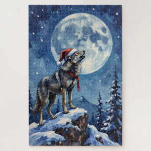 Wolf Howling Under the Christmas Moon Hat Jigsaw Puzzle