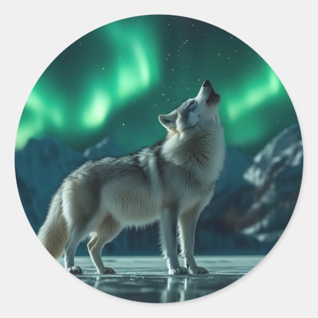 Wolf Howling Under the Northern Lights Classic Round Sticker (Front)