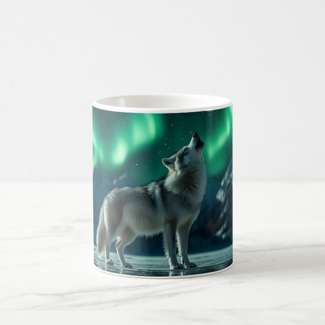 Wolf Howling Under the Northern Lights Coffee Mug (Center)