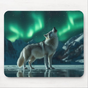 Wolf Howling Under the Northern Lights Mouse Pad