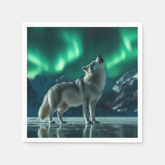 Wolf Howling Under the Northern Lights Napkin (Front)