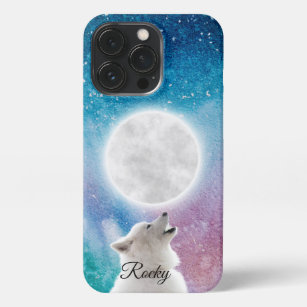 Wolf Howls at Moon Sky in Red, Blue, Green Galaxy  iPhone 13 Pro Case
