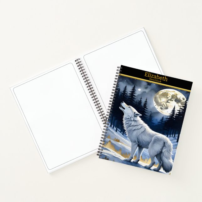 Wolf howls at the moon in the forest notebook (Inside)