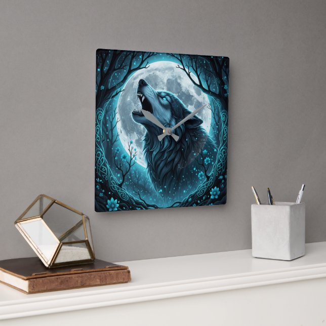 Wolf Howls on Full Moon Square Wall Clock (Office)