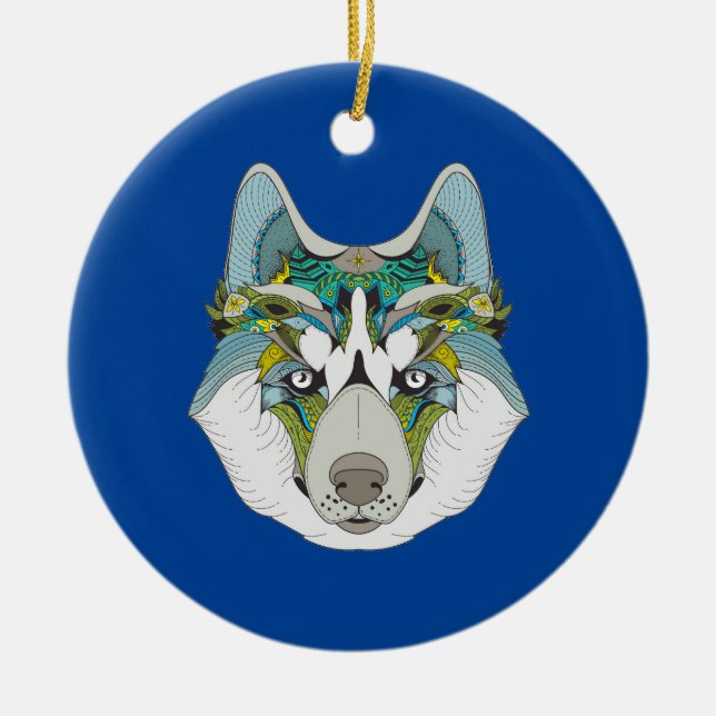 Wolf husky embellished green blue ceramic ornament (Front)