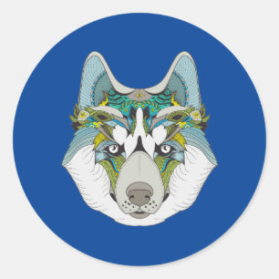 Wolf husky embellished green blue classic round sticker
