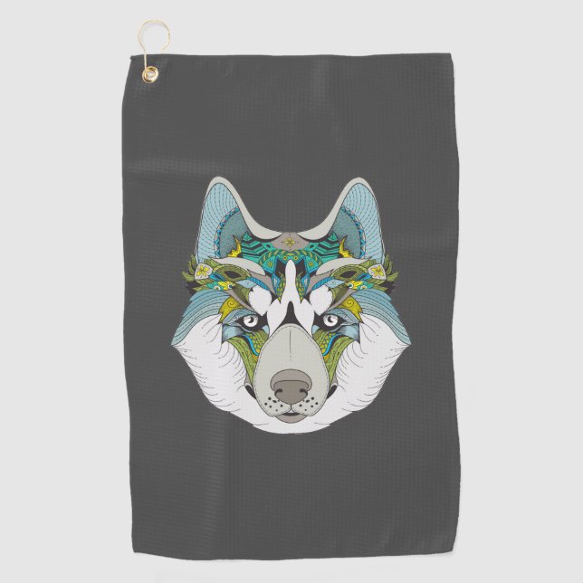Wolf husky embellished green blue golf towel (Front)