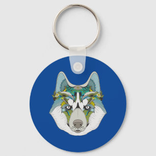 Wolf husky embellished green blue key ring