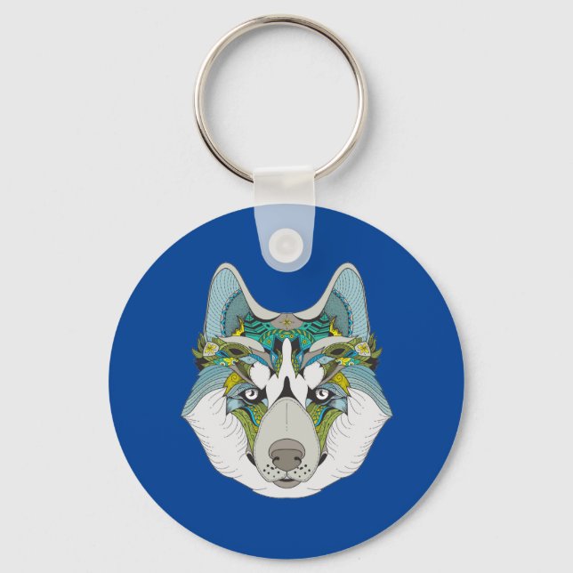 Wolf husky embellished green blue key ring (Front)