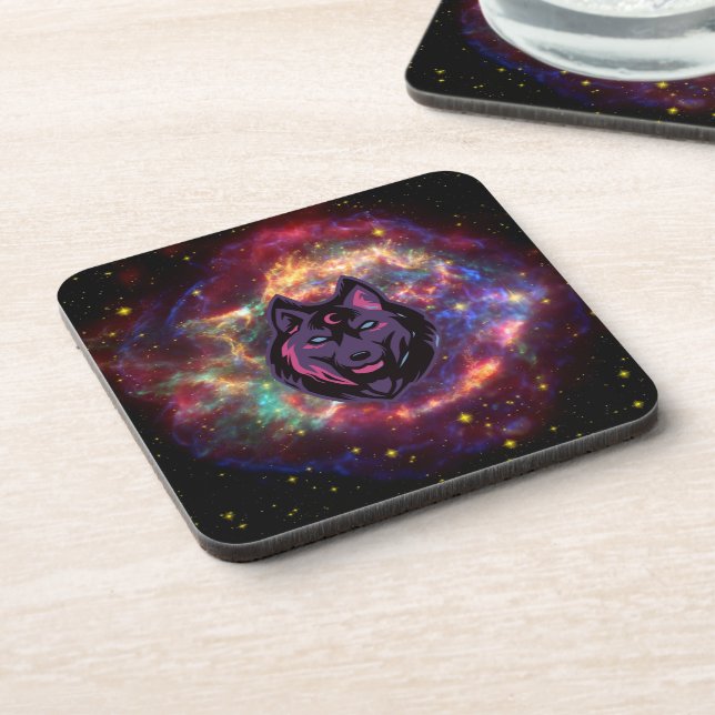 Wolf Illustration, Purple Cosmic Graphic Art Coaster (Left Side)
