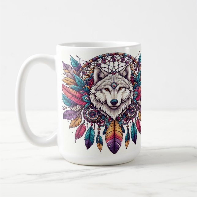 Wolf Illustration with Dreamcatcher Bohemian Style Coffee Mug (Left)