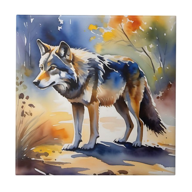 Wolf in a forest watercolor painting ceramic tile (Front)