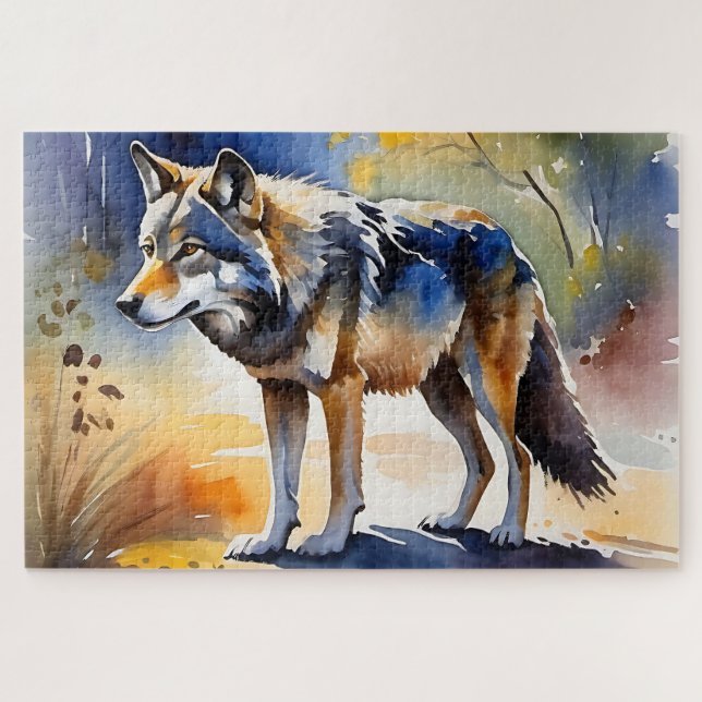 Wolf in a forest watercolor painting jigsaw puzzle (Horizontal)