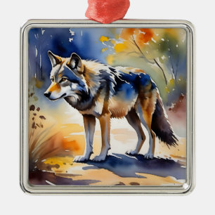 Wolf in a forest watercolor painting metal ornament