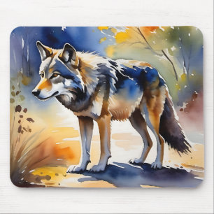 Wolf in a forest watercolor painting mouse pad