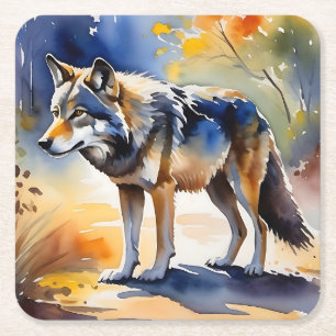Wolf in a forest watercolor painting square paper coaster