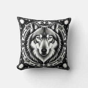 Wolf in a Geometric and Decorative Mandala Cushion