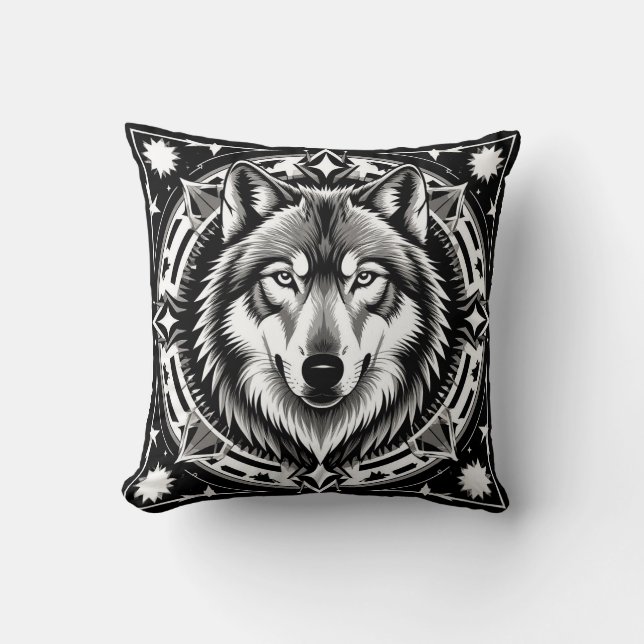 Wolf in a Geometric and Decorative Mandala Cushion (Front)