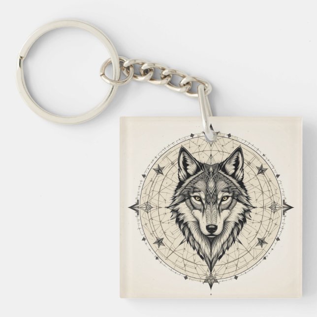 Wolf in a Geometric and Decorative Mandala Key Ring (Front)